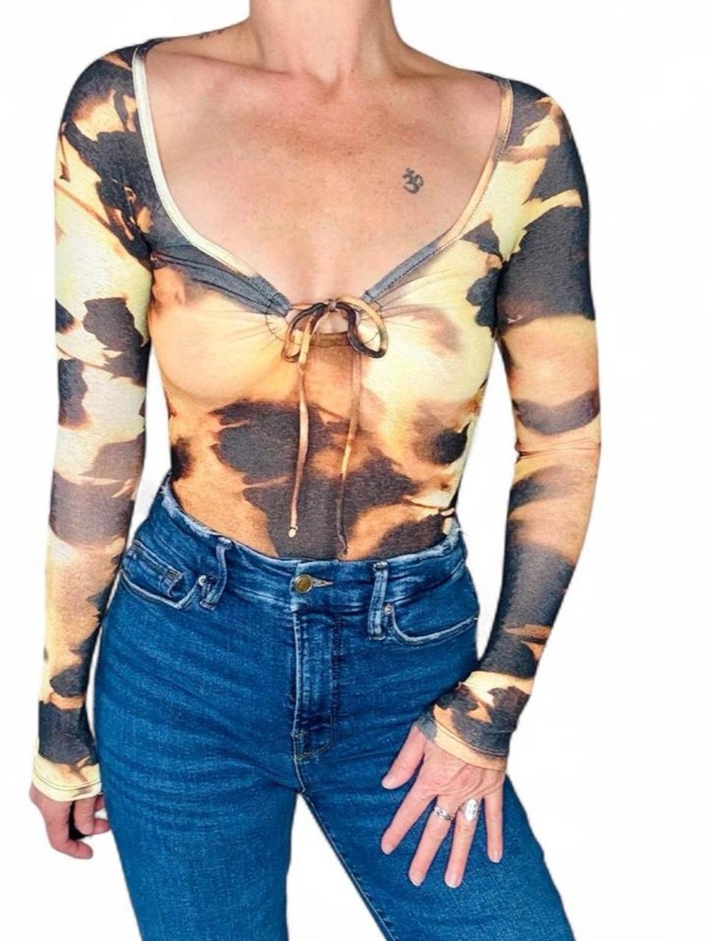 Topshop Keyhole Long Sleeve Abstract Printed Top
